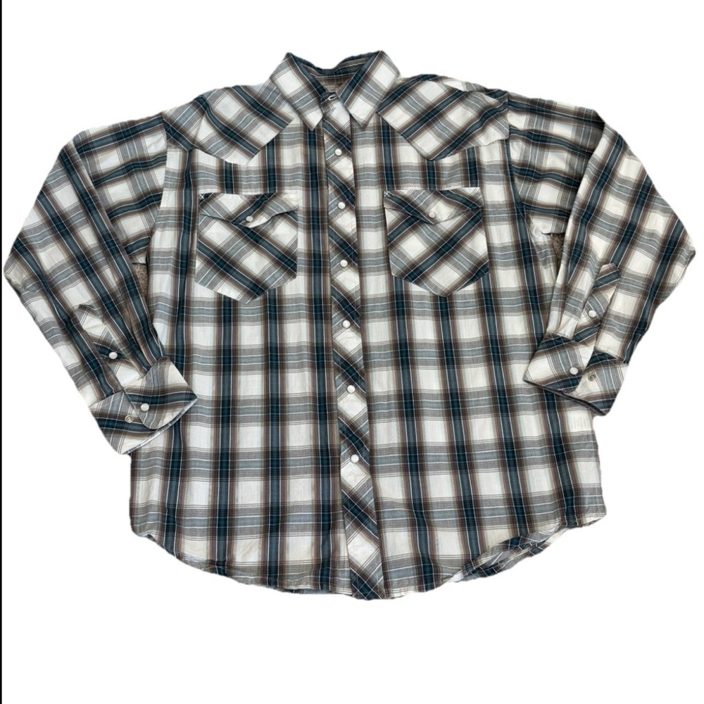Resistol Double R Plaid Cotton Pearl Snap Shirt Brown Blue Long Sleeve Men’s L
